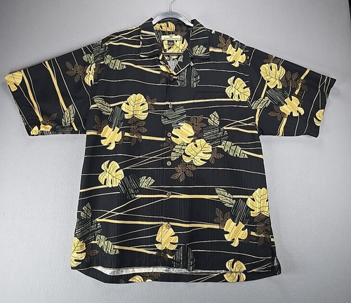 Tommy Bahama Hawaiian Shirt Black w Mens Large (L) Silk Camp Floral - Picture 1 of 9