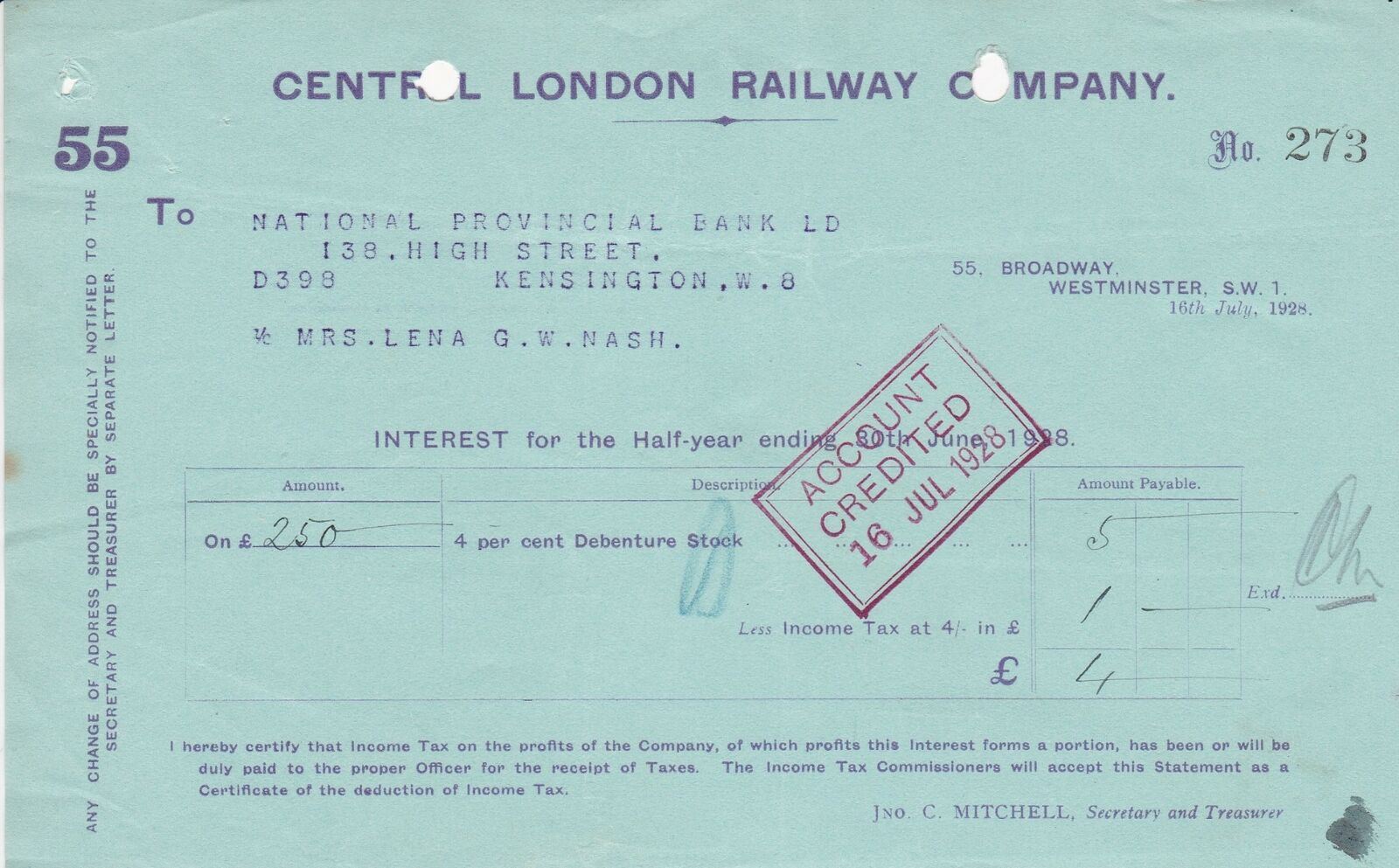 CENTRAL LONDON RAILWAY COMPANY1928 to Nat.Provincial Bank Interest Receipt 45964