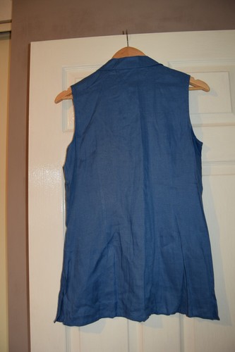 Laura Ashley Vintage French Blue Linen Collared Sleeveless Blouse 10 Tunic Long - Picture 10 of 11