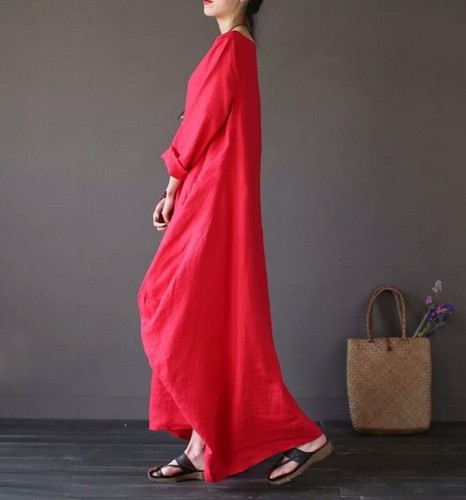 Damen Ethno Stil Baumwolle Leinen 3/4 Ärmel Maxikleid Oversize Locker Langes Kleid - Bild 8 von 20