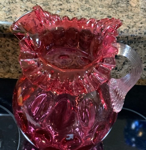 Fenton Cranberry Pitcher Coin Spot Crimped Top Applied Handle 9 1/4 Tall - Picture 2 of 7