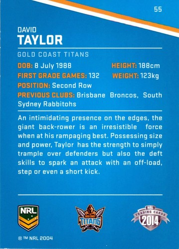 2014 GOLD COAST TITANS NRL Card DAVID TAYLOR Traders - Picture 2 of 2