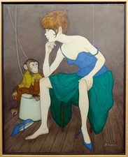 Philippe Noyer - Sexy Girl & a Monkey - Oil Painting