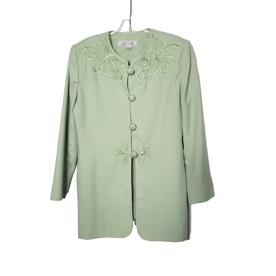 Terno saia Gloria Vanderbilt tamanho 8 verde claro rayon bordado forrado vintage - Imagem 2 de 4