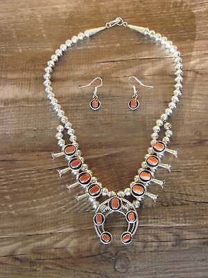 Amazing Native American Navajo Coral Sterling Silver Squash Blossom Earrings Amazing Native American Navajo Coral Sterling Silver Squash Blossom Earrings