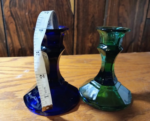 Indiana Glass Candle Stick Cobalt Blue Emerald Green 4" Set Of 2 - Picture 6 of 6