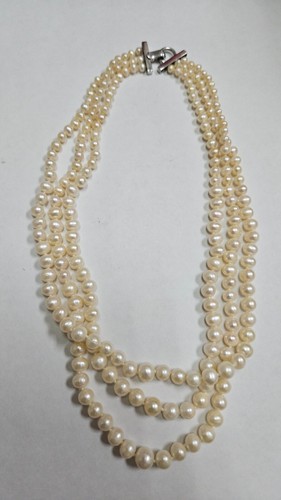 Designer SS Triple Strand Freshwater Pearl Necklace Signed BdM 17" [055GCB]