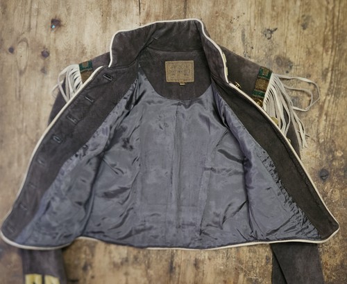 VTG Double D Ranch Wear Beaded Suede Leather Military Western Jacket Fringe XS - Picture 7 of 13