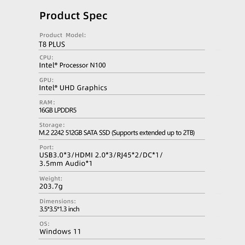 FIREBAT T8 PLUS Mini PC Gamer Intel N100 CPU Windows 11 Mini PC Gaming DDR5 16GB - Afbeelding 3 van 9