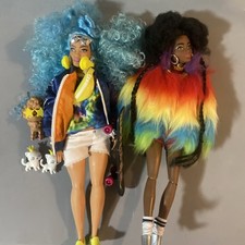 Mattel Barbie Extra Doll in Furry Rainbow Coat with Pet Poodle 2 Dolls