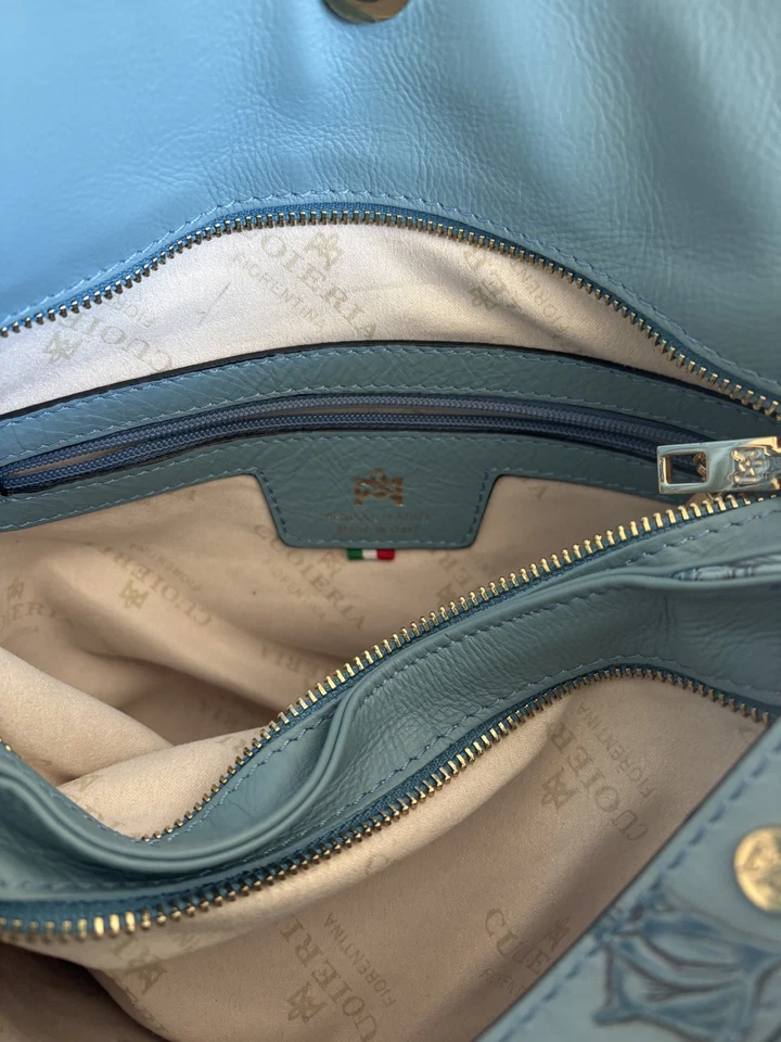Cuoieria Fiorentina Italian women's Tuscan blue leather medium bag  floral - Image 3 of 4