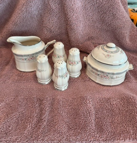 Noritake Rothschild Creamer & Sugar Bowl 2 Salt & Pepper Shakers