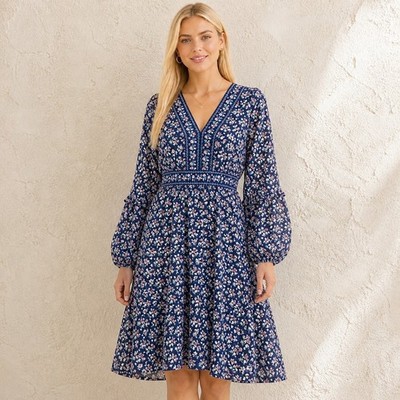 Max Studio Midi Dress Navy Floral Empire Waist Boho Cottagecore Medium