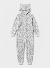 Cat Jack Kids Fleece One-Piece Pajamas Gray Leopard Hooded Zip Up 6/7 NWT