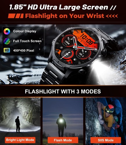 Military Smart Watch for Men, 1.85'' HD Large Screen Smartwatch, Flashlight/5... - Bild 2 von 9