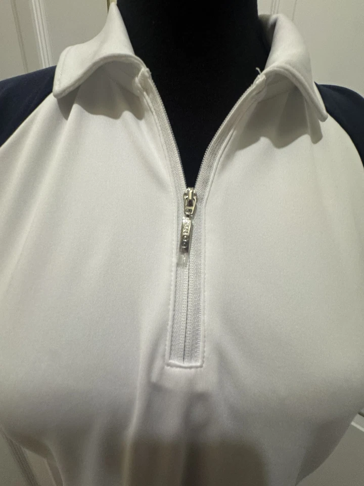 Camisa deportiva Izod Golf para mujer mediana 1/4 cremallera top blanco azul marino rayas Foto 3 de 4