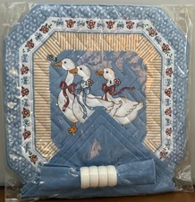 Vintage 1980s Blue Country Goose Geese Kitchen Placemat Napkins & Rings Set