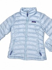 Patagonia Girls Down Sweater Puffer Jacket Zip Light Blue 600 Fill Quilted Kids