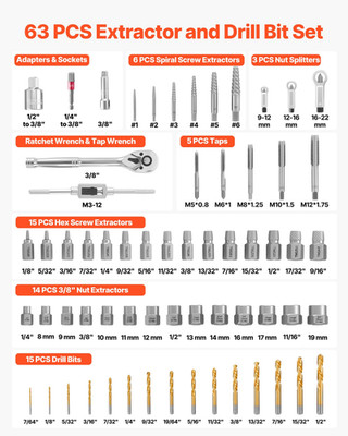 VEVOR Screw Extractor Set, 63 Pieces, with Nut and Bolt Extractors, Nut Splitter