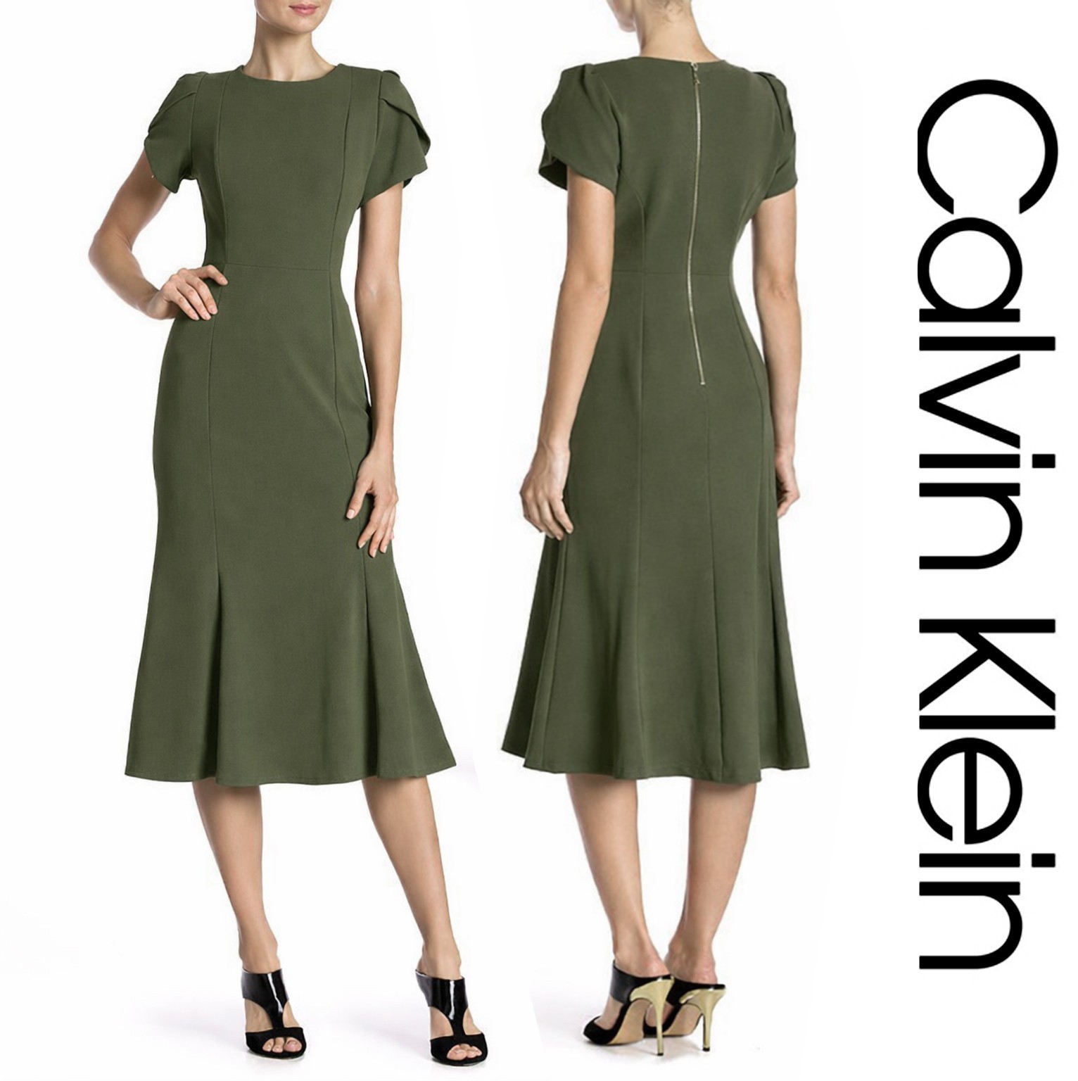NWT Calvin Klein Black Tulip Puff Sleeve Midi Flare Dress Zip Sz. 14 Olive Green