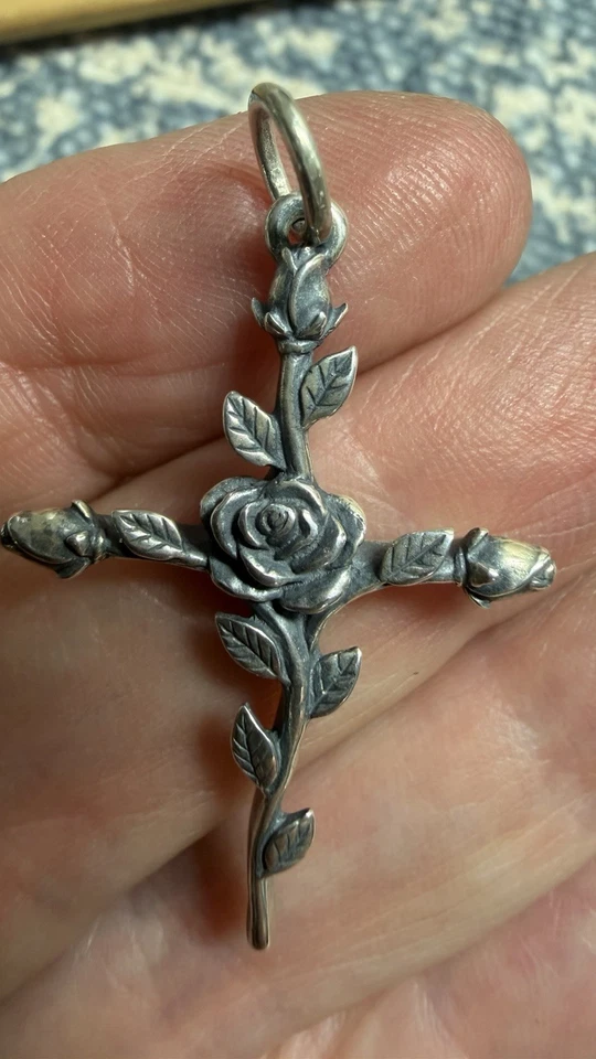 RETIRED James Avery Rose Bud Cross Pendant Uncut Loop Sterling Silver - Image 1 of 4