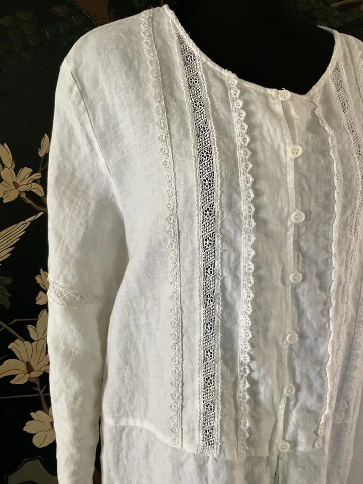 Blusa túnica Neiman Marcus 100 % lino y encaje con botones delanteros talla XL nunca usada Foto 2 de 4