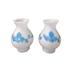 Hurricane LAMP Shades Milk Glass  Blue Floral Set of 2 Vintage 1950s 7" Tall