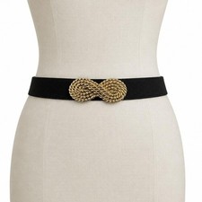 Cinch Belt Women One Size Black Gold Interlocking Rope Buckle 80s Glam