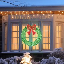 36in Pre-lit Outdoor Christmas Wreath Decoration Lighted Metal Wreath with Timer