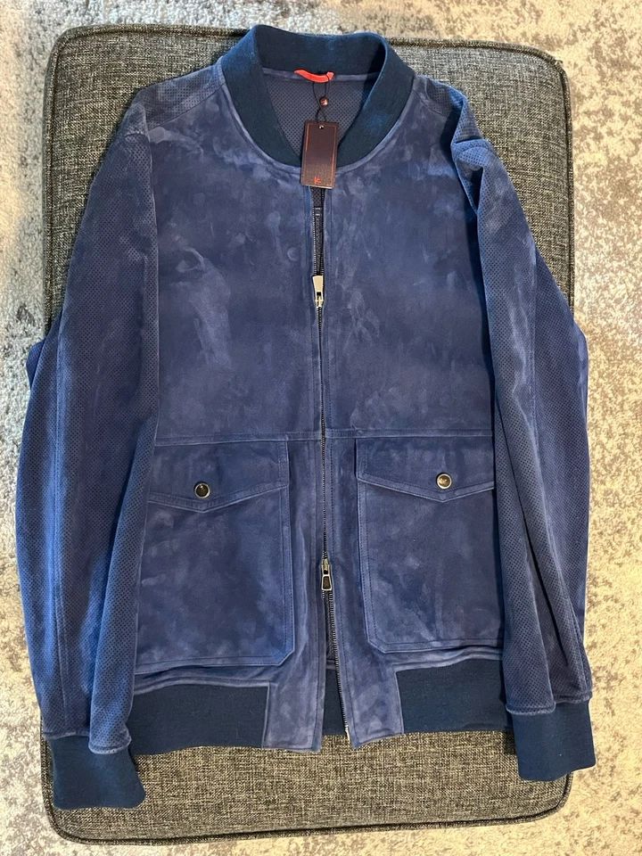 Isaia Perforated Suede Bomber Jacket - Navy - Size 52 (IT) - BRAND NEW w/ TAGS - Image 2 of 4