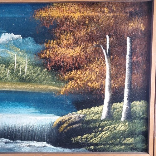 VTG black velvet oil painting waterfall forest Carved Wood Frame Made In Mexico - Picture 9 of 13