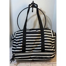 Black White Striped Weekender Duffel Bag with Bottom Shoe Compartment Travel