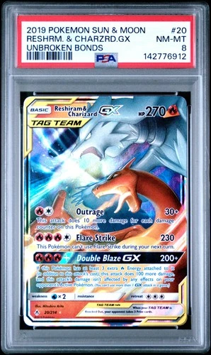 2019 POKEMON SUN & MOON UNBROKEN BONDS #20 RESHIRAM & CHARIZARD GX PSA 8