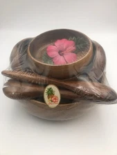 Vintage Hawaii Monkey Pod Salad Set 7 Pcs - Serving Bowl, Spoon & 4 Bowls