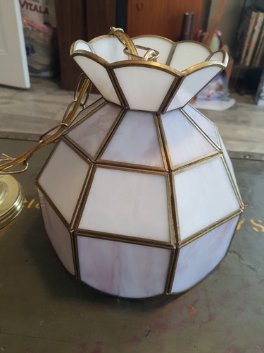Vintage Mid-Century MCM Pink/White/Gold Slag Glass Panel Ceiling Lamp Fixture - Picture 2 of 12