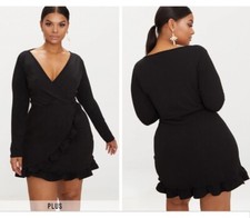 Pretty Little Thing Plus Black Long Sleeve Ruffle Wrap Dress Size 14 NWT