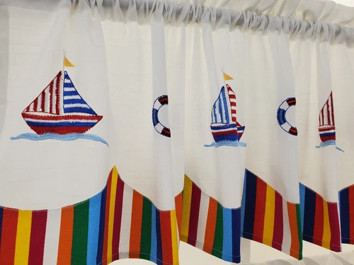 Newport Embroidered Sailcloth Nautical Sailboat Beach Stripe Valance or Tiers