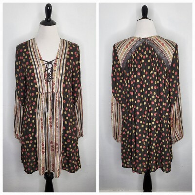 FREE PEOPLE Rain Or Shine Dress Boho Mini Bishop Sleeve Lace Front Women Medium