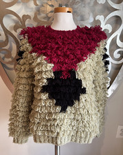Clovis Ruffin Sweater MEDIUM Knit Khaki Black Red Shaggy Fuzzy Pullover VINTAGE