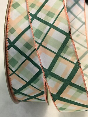 5 Yds. PEACH & GREEN PLAID WIRE EDGE RIBBON  1 1/2'' W