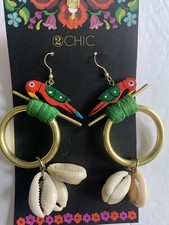Wooden Tropical Women’s Artisan Handcrafted Brass Shell Parrot Dangle Earrings
