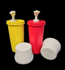 Tupperware 1329 Mustard and Catsup Ketchup Pump Dispensers with Lids P57 VTG