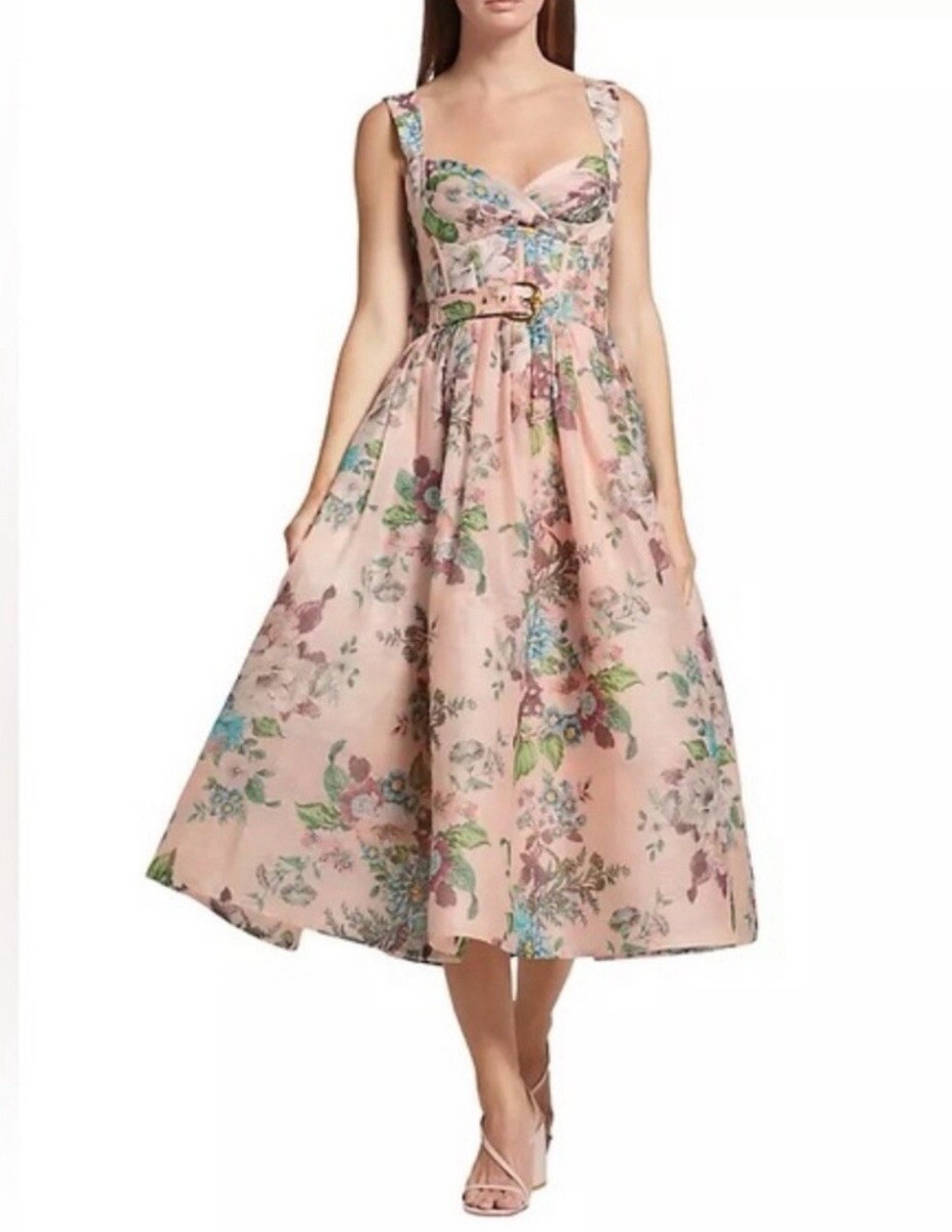 ワンピース Zimmermann Pink Silk Linen Midi Dress NEW Zimmermann Matchmaker Pink Floral Silk Linen Tie Midi