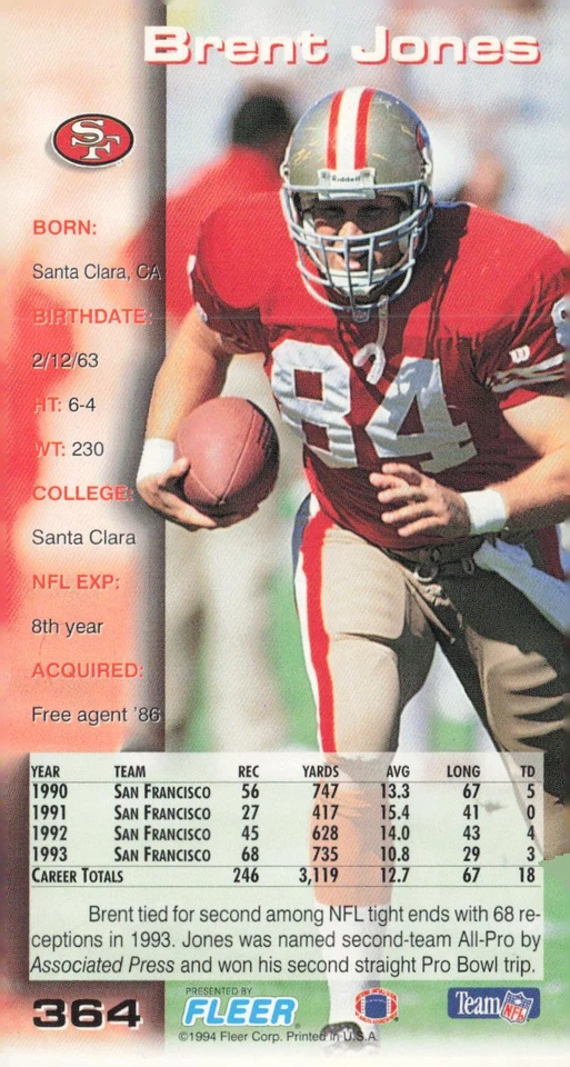 1994 GameDay #364 Brent Jones - Image 2 of 2