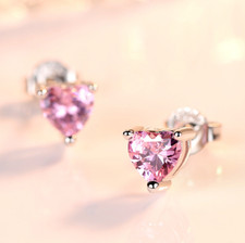 Adorable Silver Love Heart Pink CZ Stud Earrings