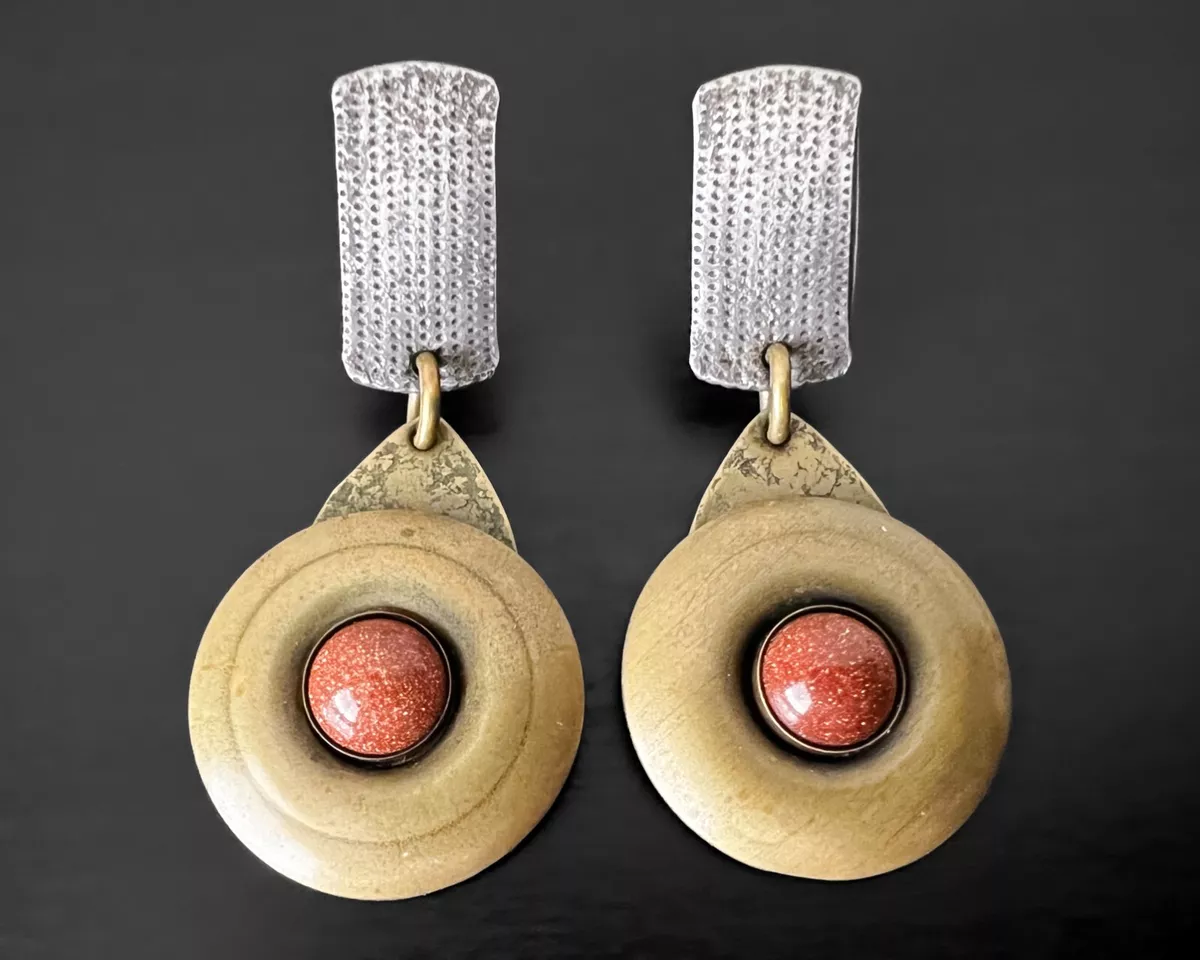 Vintage Marjorie Baer SF Silver Brass Sandstone Round Pierced Dangle Earrings