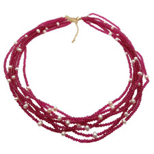 20" Red Crystal Cultured White Pearl Necklace 205 Multi Strands Fashion Jewelry