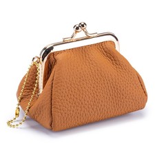 Women Small Genuine Leather Metal Frame Double Clasp Coin Change Purse Ladies