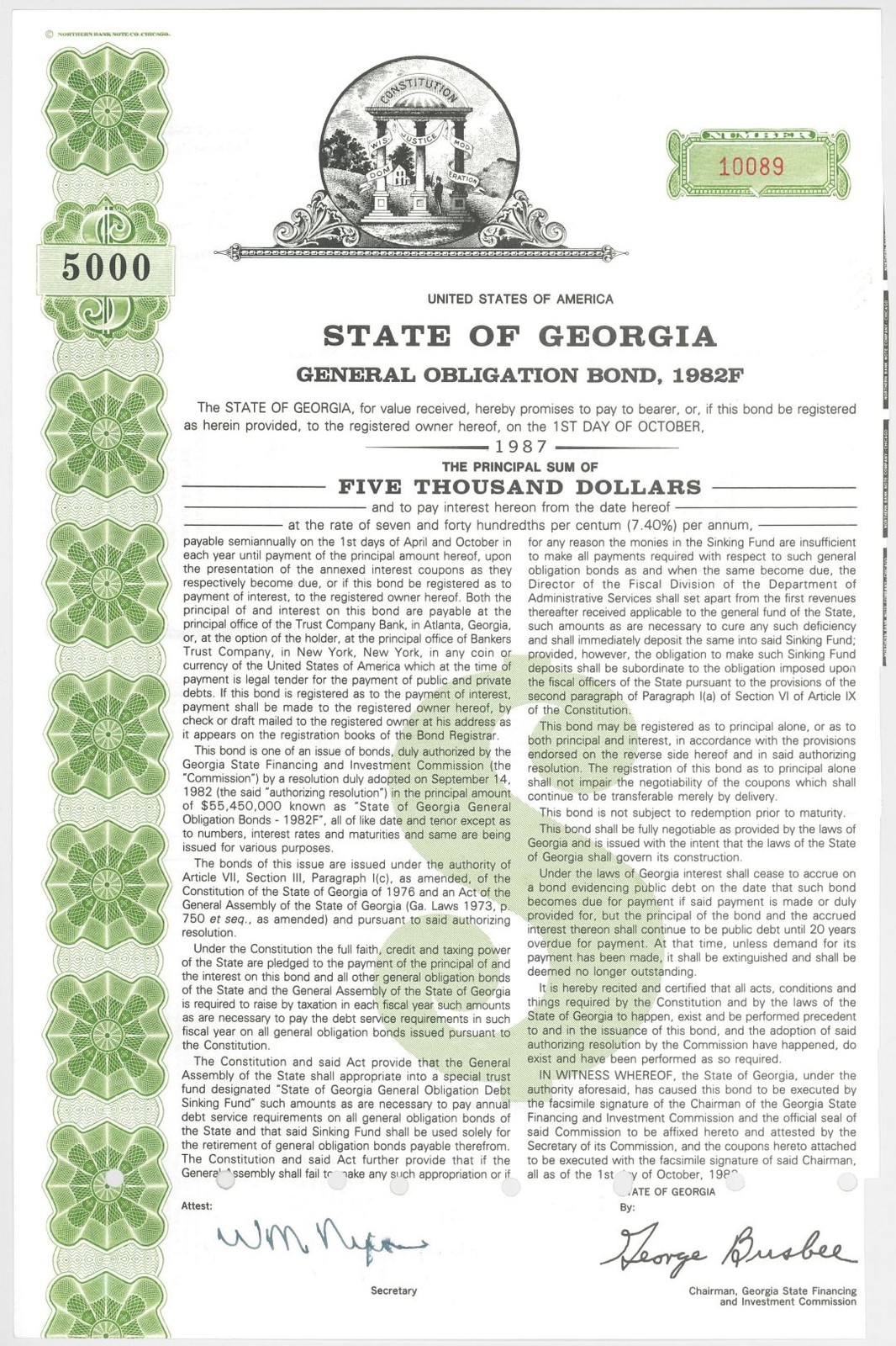 State Of Georgia - 1982 Dated $5,000 Municipal Bond - State Seal As Vignette -