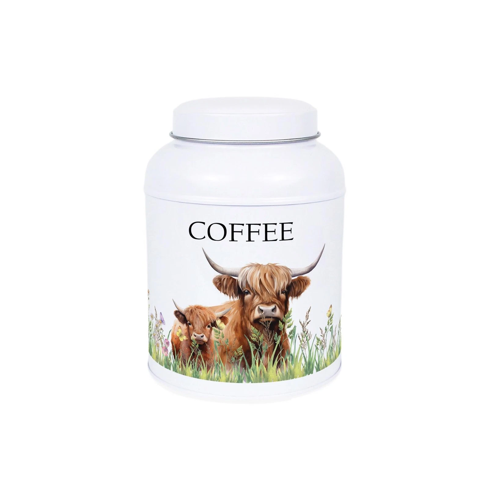 Highland Cow & Calf Coffee Canister - Small Domed Metal Kitchen Storage Gift